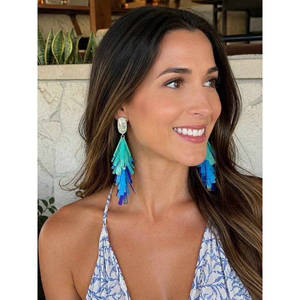 Kendra Scott Signed Iridescent Crystal Blue Green Fringe Statement Earrings